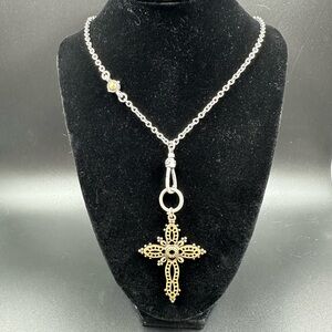 Unique Brass Openwork Cross on Silver Tone Chain Static Bead Pendant Hook